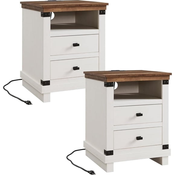 Bingirl 2-Piece Nightstand with Charging Station - 18-Inch Rustic Night Stand with 2 Storage Drawers, Wood End Table for Bedroom and Living Room, Antique White