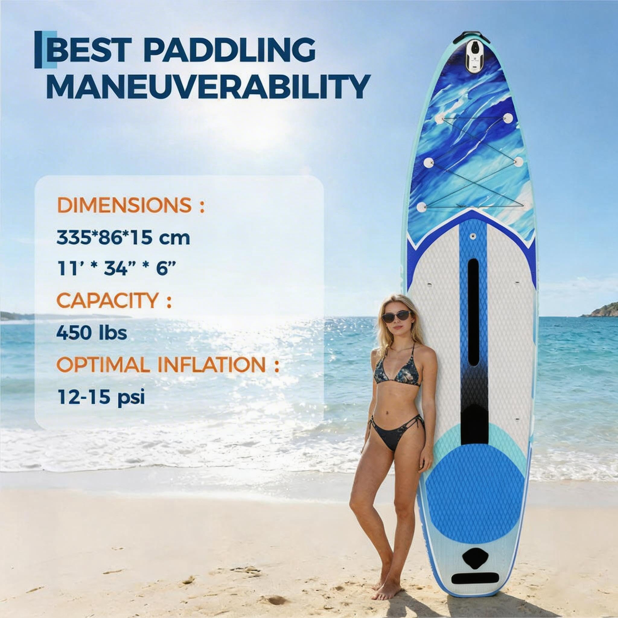 QinaQin Inflatable Paddle Board, 335 cm All Around SUP with Backpack, Paddle and Pump for Adults and Teens