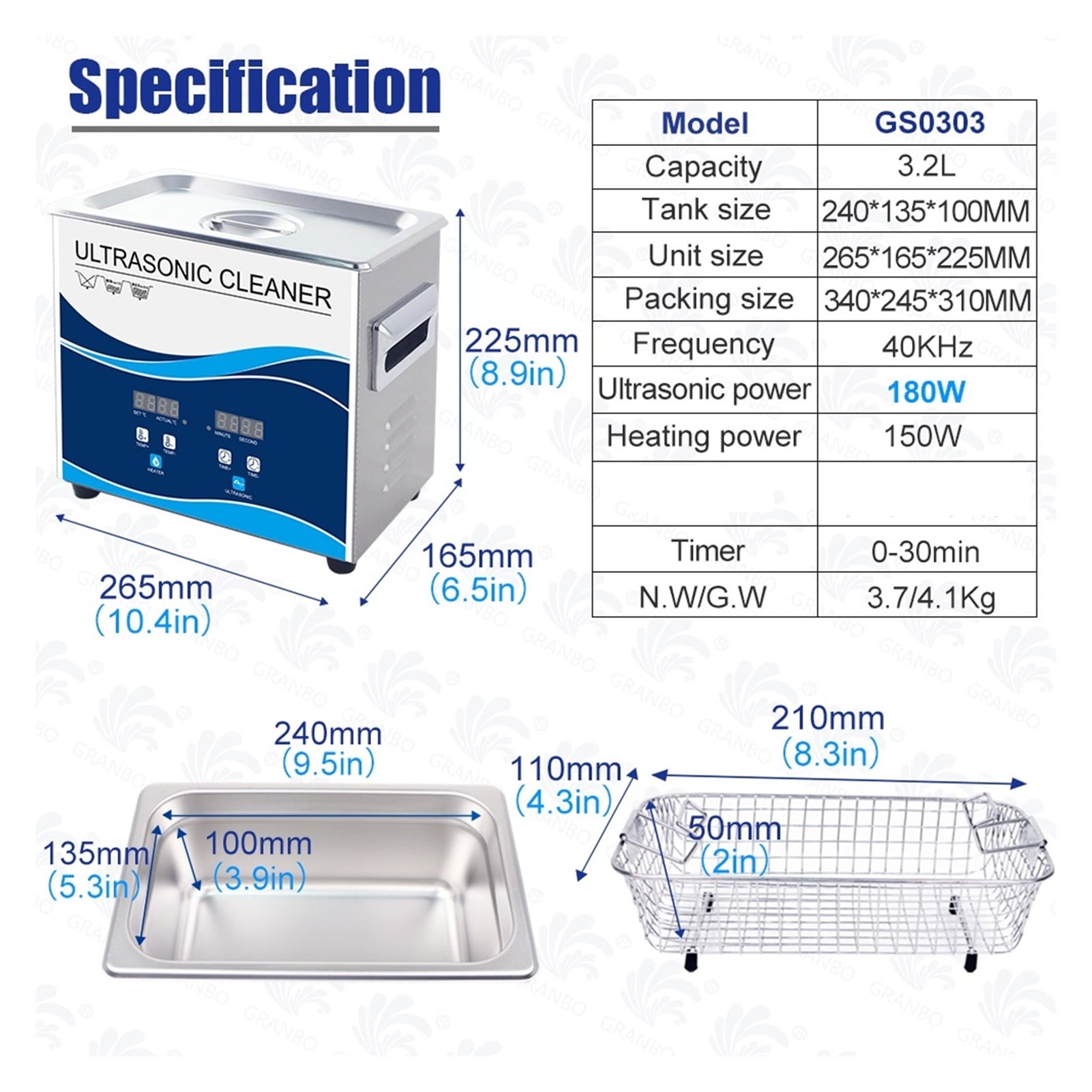 Digital Ultrasonic Cleaner 3.2L 180W Degas Stainless Bath 40KHZ Timer Heater Adjustable Household Ultrasound Washer Dental Tools ,Strong Cleaning
