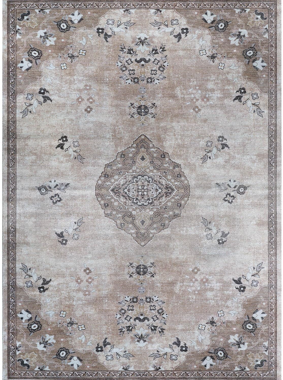 Beverly Rug Machine Washable Easy Cleaning Indoor Non-Slip Rugs Beige / Brown 4'x6'
