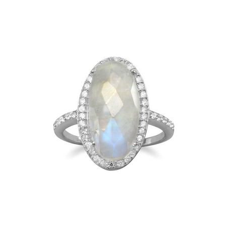 Oval Genuine Moonstone Ring - Oval Rainbow Moonstone Ring with Cubic Zirconia Halo Sterling Silver