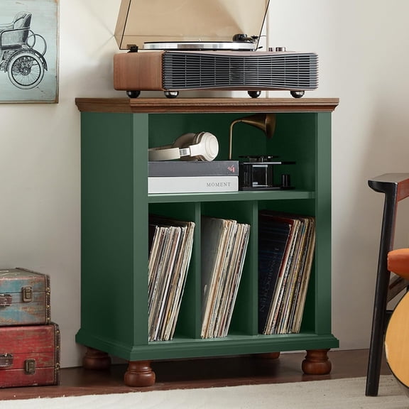 24" Wide Record Player Stand with Vinyl Record Storage, Green | Mid-Century Record Player Table Up to 200 Albums,Large Wood Turntable Stand Cabinet Dispaly Shelf for Living Room,Bedroom