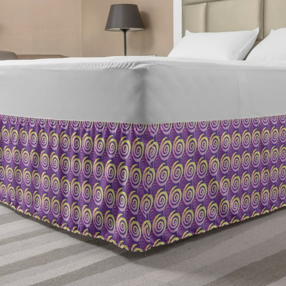 Spiral Bed Skirt, Scrolling Abstract Grunge Circles Childish Retro Illustration Art Print, Elastic Bedskirt Dust Ruffle Wrap Around for Bedding Decor, 4 Sizes, Purple and Multicolor, by Ambesonne