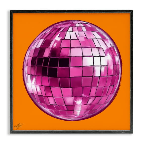 Stupell Industries Disco Ball on Orange Novelty & Humor Painting Black Framed Art Print Wall Art, 12 x 12