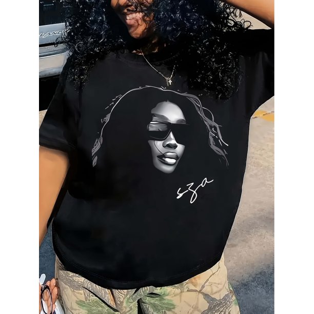 Stylish Graphic Print T-Shirt for Women - Cool Portrait Design, Black Casual Short Sleeve Crew Neck Top, Y2K Style Tee for Spring & Summer, Allseason Top | Crew Neck Tshirt | Glossy Fabric