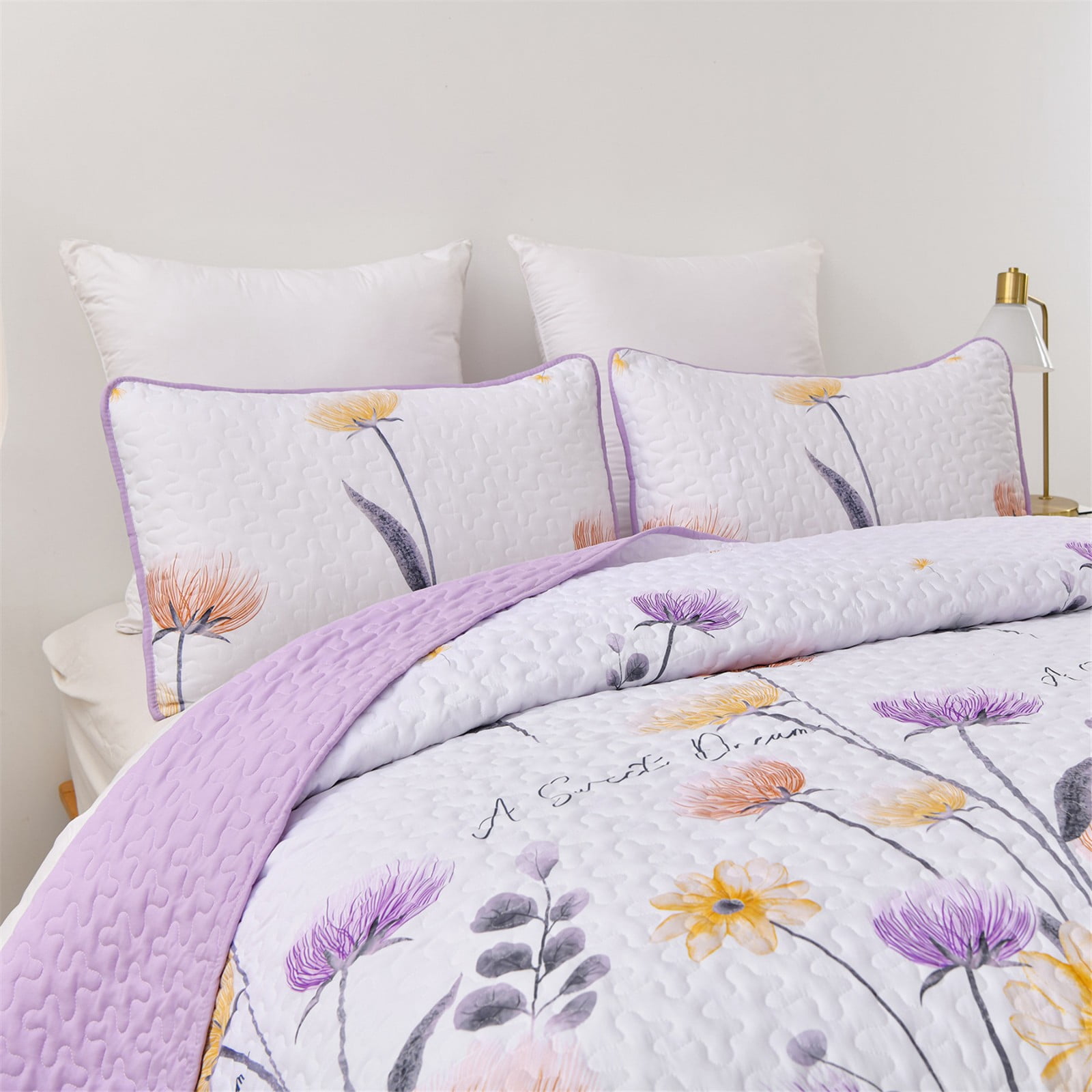 Dintszyayue Floral Quilt Set King Size, 3Pcs Purple Bedding Set Lightweight Coverlet Adult(90"x110")
