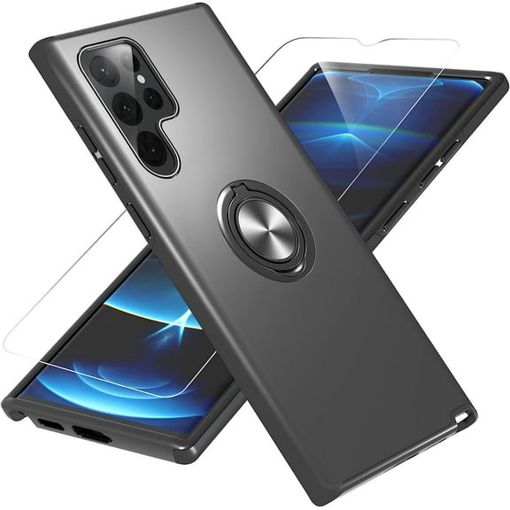 Samsung Galaxy S22 Ultra Case, Galaxy S22 Ultra Case with HD Screen Protector, [Military Grade] Shockproof Protection Case with 360° Magnetic Ring Holder Kickstand for Samsung S22 Ultra, Black