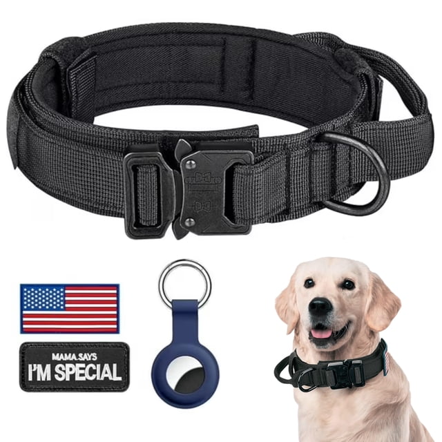 WAAYEE Collar Táctico para Perro, Collar Ajustable de Entrenamiento Militar de Nylon con Asa de Control y Hebilla de Metal Pesado para Perros Medianos y Grandes, con Parches y Estuche Airtags (XL, Ne