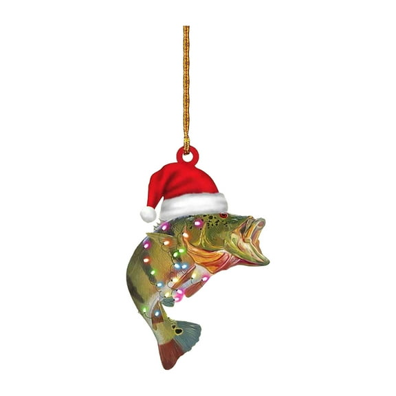 Giyblacko Christmas Hanging Ornaments Personalized Green Bass Fish Largemouth Flat 2D Christmas Ornaments Tree Decorations Rear View Mirror Accessories Mini Christmas Ornaments