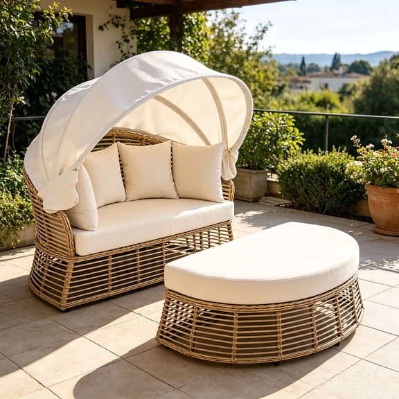 AUU Beige Outdoor Rattan Round Daybed with Retractable Canopy – Wicker Poolside Sofa Sunbed with Removable Cushions for Backyard, Patio, or Porch