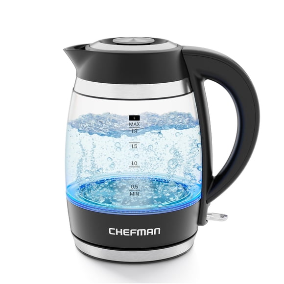 Chefman Hervidor eléctrico para agua hirviendo, 1.8L 1500W, agua caliente en 3 minutos, luces LED, apagado automático, protección de ebullición y secado, he
