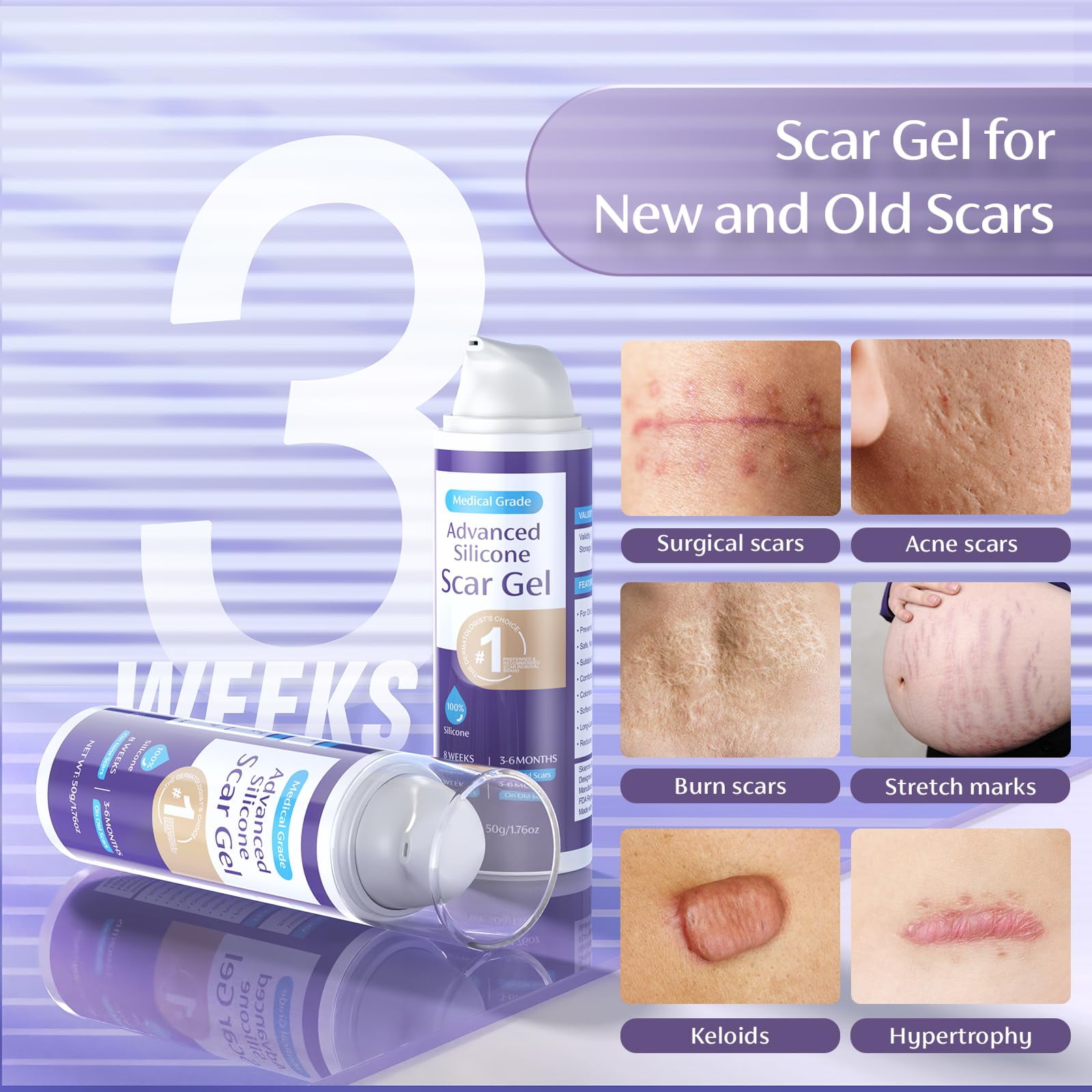 Skiennix Advanced Gel IRF13 1.76oz(50g), Silicone Cream for Surgical Scars, Reduces the Appearance of Scars from Stretch Marks, Burns, Injury, Keloids, Effective for Both Old & New Scars