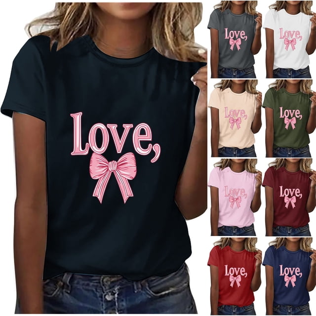 RKSTN Valentines Gift Valentine Shirts for Women Oversized Crewneck Valentine's Day Graphic Print Short Sleeve T Shirts Pullover Top Womens Casual Round Neck Plus Size Loose Comfy Summer Tee Shirts
