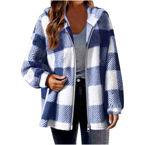 aohooy Plaid Jackets for Women Fuzzy Fleece Zip Up Jacket Fall Winter Oversized Long Sleeve Hooded Shacket Warm Plaid Coats 2025 Blue,M