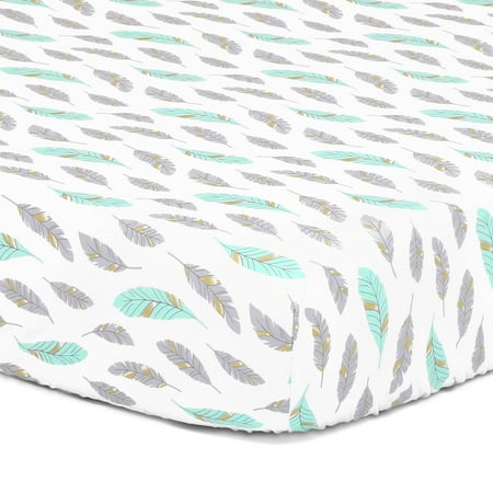 Turquoise Grey and Golden Feathers Fitted Crib Sheet by The Peanut Shell