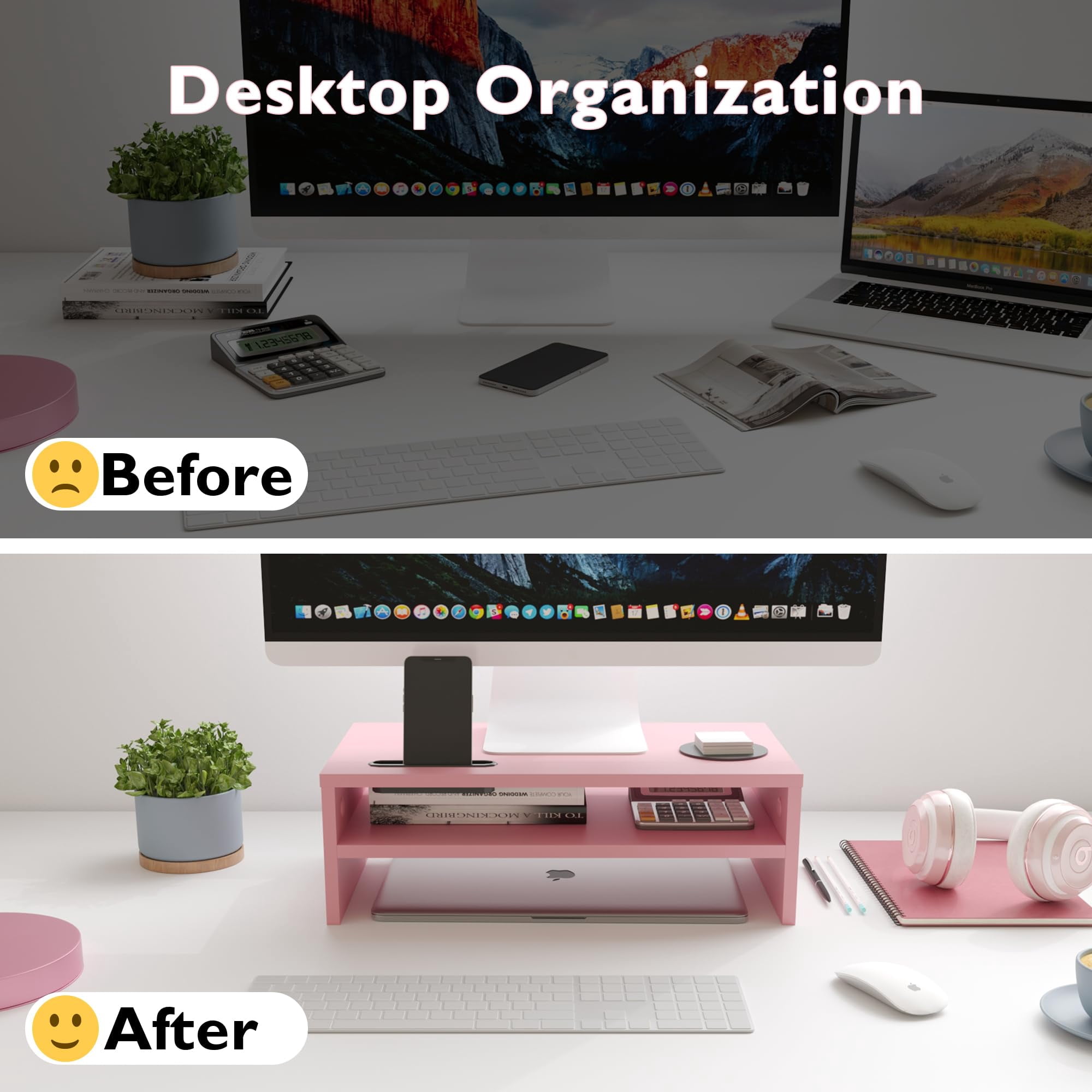 BONTEC Wooden Monitor Stand Riser, 2-Tier Desk Shelf with Storage Organizer, Ergonomic Computer Stand with Cable Management, Cellphone Holder, Pink, 16.5 Inch