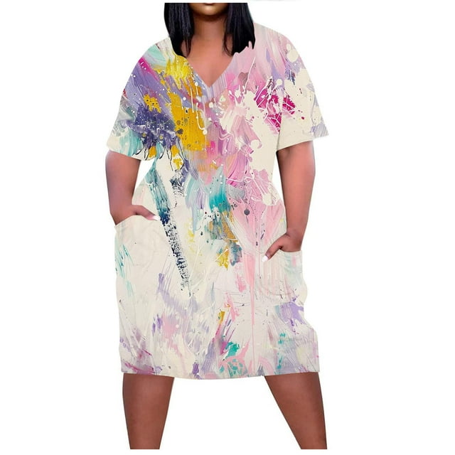Pisexur Robes d'Été pour Femmes Mode Multicolore Imprimé Floral Robe Décontractée Ample Col en V Manches Courtes Robes T-Shirt Fluide Surdimensionnée avec Poches Robe Midi Grande Taille L-5TG