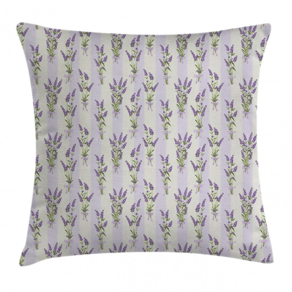 Lavender Throw Pillow Cushion Cover, Stripes and Flowers with Ribbons