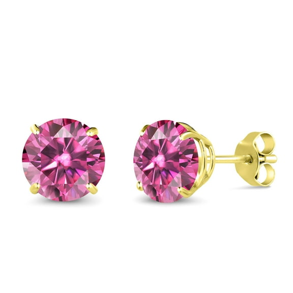Gem Stone King 14K Yellow Gold Pink Moissanite Stud Earrings for Women Men (2.40 Cttw, Gemstone Birthstone, Round 7MM)