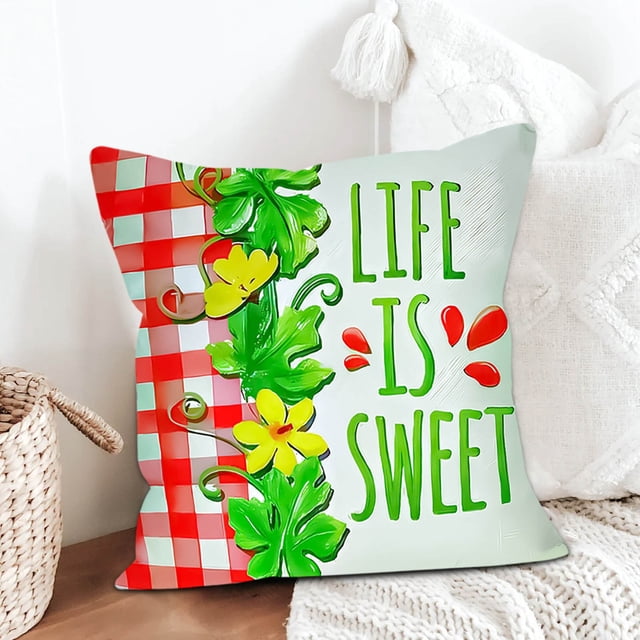Funda de almohada de lino a cuadros con estampado de sandía – Funda decorativa para cojín de sofá para sala de estar, dormitorio o uso exterior – Tejido de lino suave y transpirable con cremall