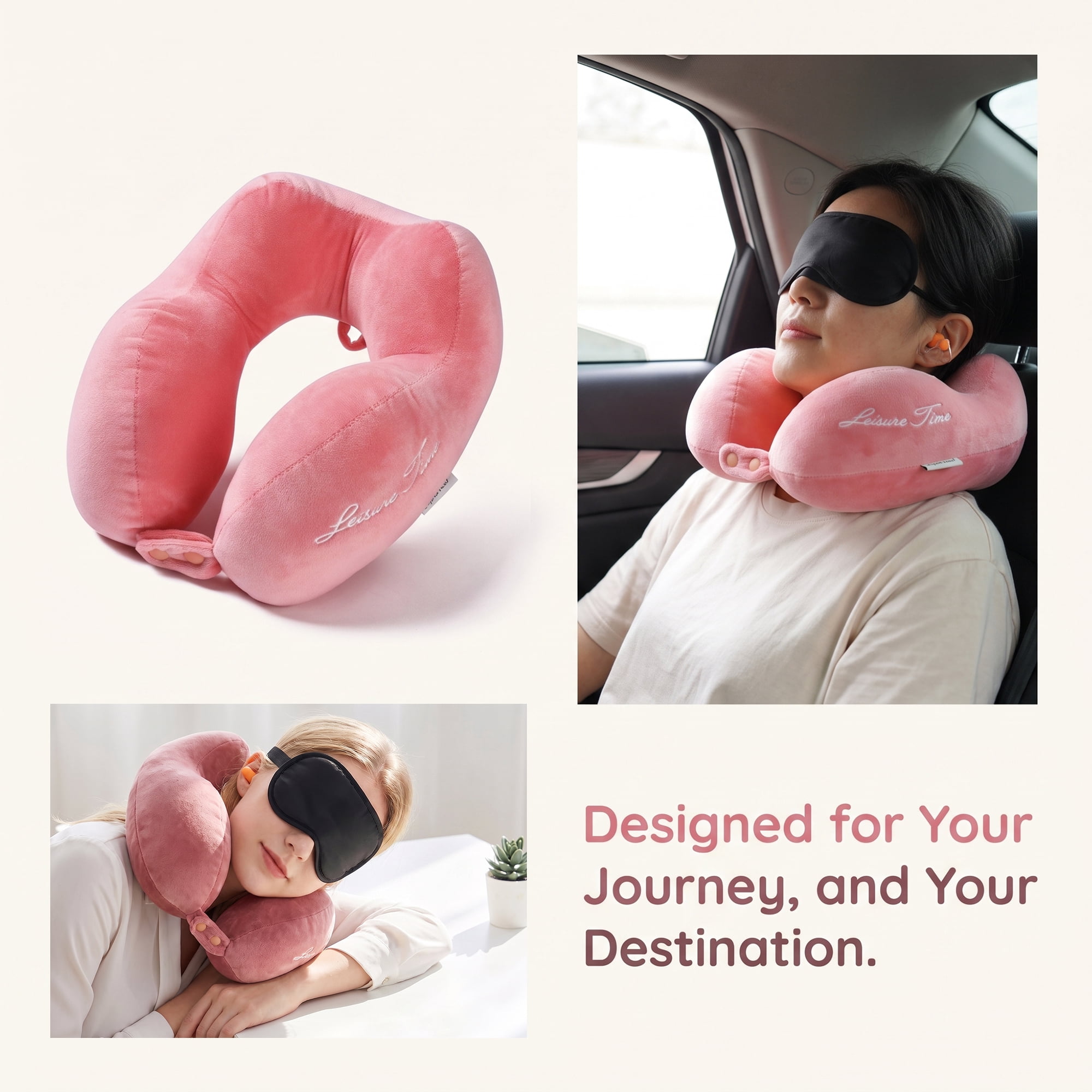 Unique Bargains PP Cotton U Shape Neck Pillow with Earplugs and Eye Mask Pink 11"x10"x4"