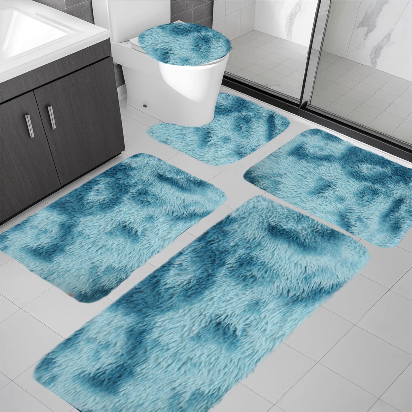 AuroraX Bathroom Rugs Sets 5 Piece,Soft Washable Non Slip Blue Bathroom Runner Rug with Toilet Rug U Shaped Home Bathroom Decor Coastal
