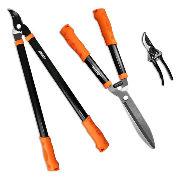3 Piece Combo Garden Tool Set with Lopper, Hedge Shears and Pruner Shears, Tree & Shrub Care Kit Orange/Black