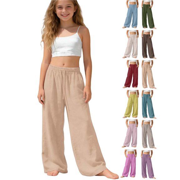 hoksml Girls Cotton Wide Leg Pants, Back to School Elastic Waist Drawstring Casual Trousers with Pockets