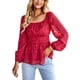 thumbnail image 1 of Camisas de manga larga abombada para mujer Escote elástico Cintura alta Línea A Dobladillo de múltiples capas Top elegante Rojo L, 1 of 7