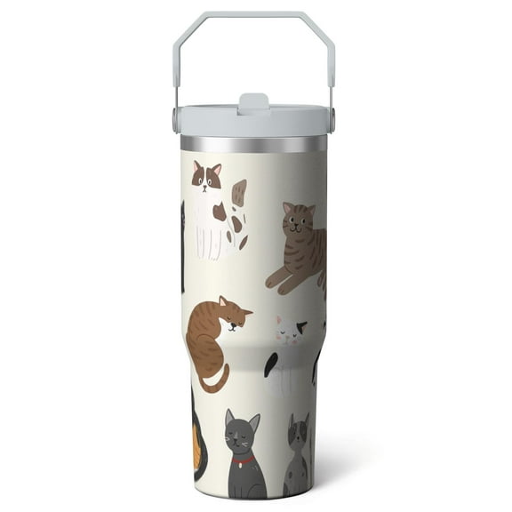 1pc Cat Lovers 30oz Tumbler with Straw & Handle - Insulated Stainless Steel Cup | Holiday Gift for Man Women (Christmas, Valentine's, Birthday)