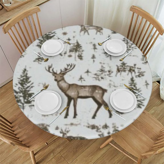 Fitted Round Tablecloth, Forest Elements with Bear Moose Trees and Mountains Wildlife Nature Theme, Elastic Fabric