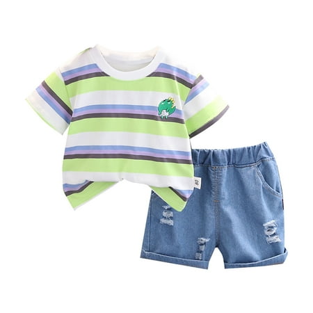 

Boys Outfits Summer Summer T Shirt With Stripes And Cute Dinosaur Print Denim Shorts Cute Clothes Size 120 Green