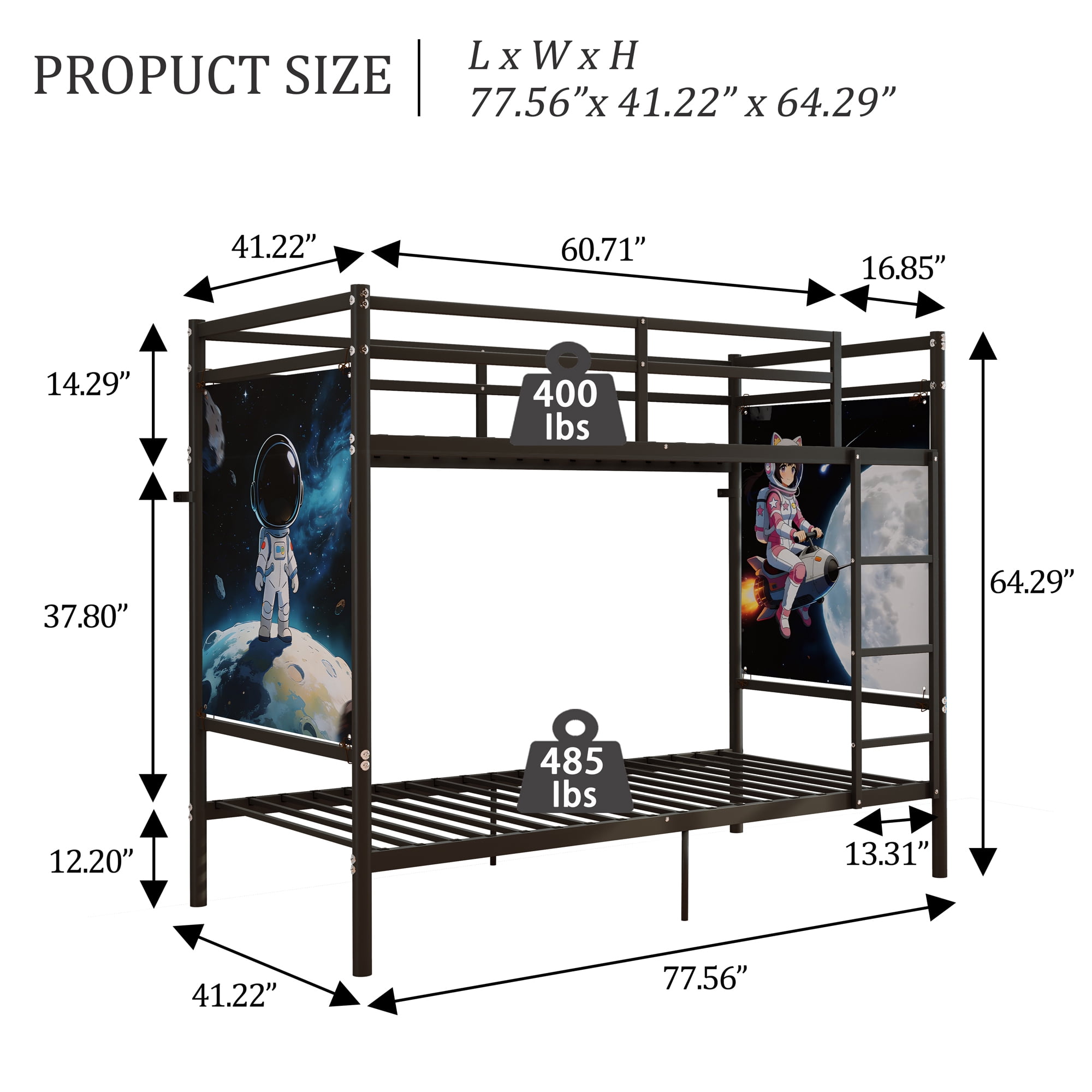 avobird Twin Over Twin Metal Bunk Bed with Ladder High Guardrails, Heavy Duty Iron Frame Noise-Free Design, Under Bed Storage, No Box Spring Needed, Posters Black