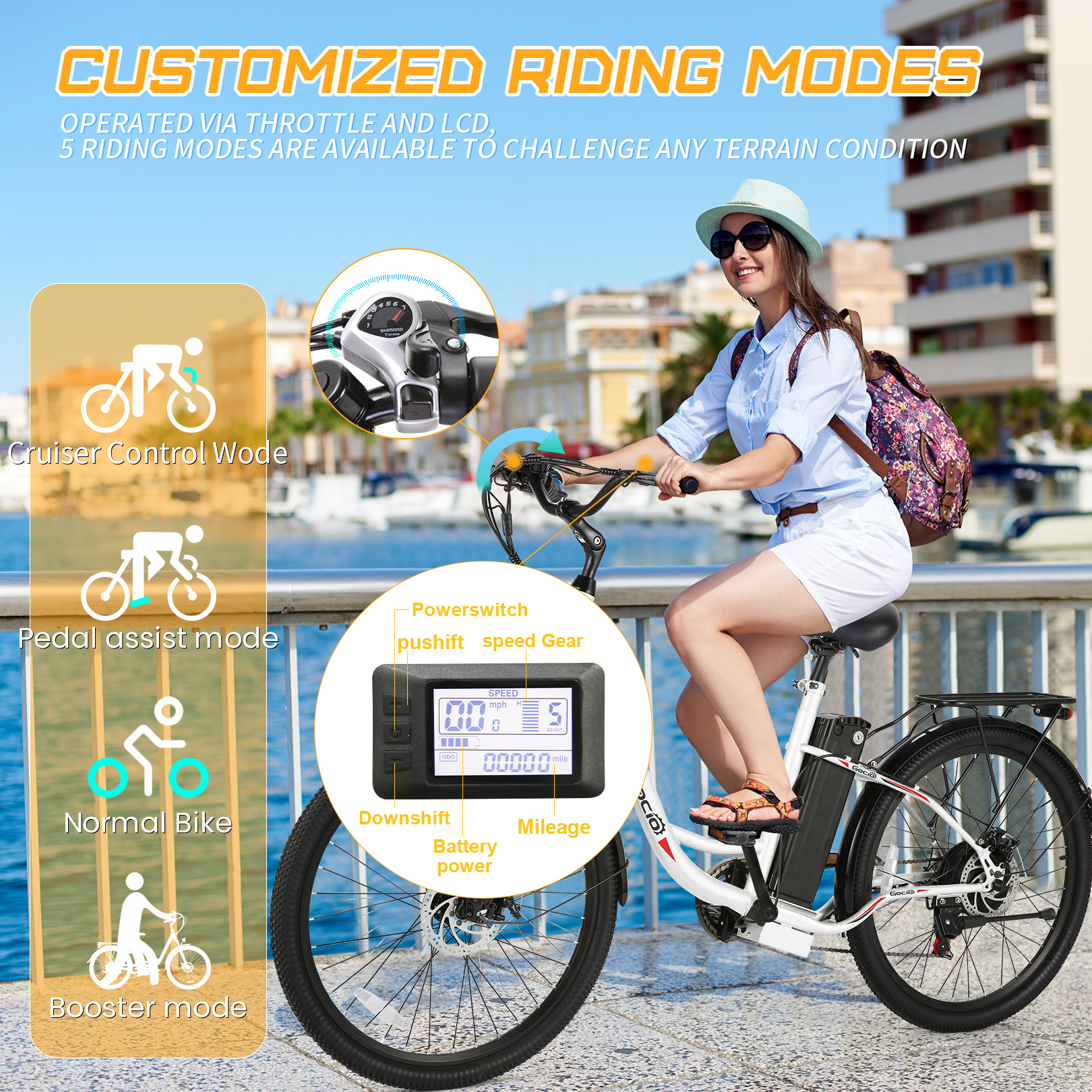 Gocio 26" Electric Bike for Adults, 500W Motor, City Commuter E-Bike, 48V 7.8Ah Removable Battery, Max 19.8Mph, 7 Speed, UL2849​