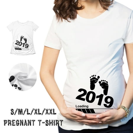 2019 Women's Crewneck Short Sleeve T-shirt Tee Maternity Baby Pregnant Footprint
