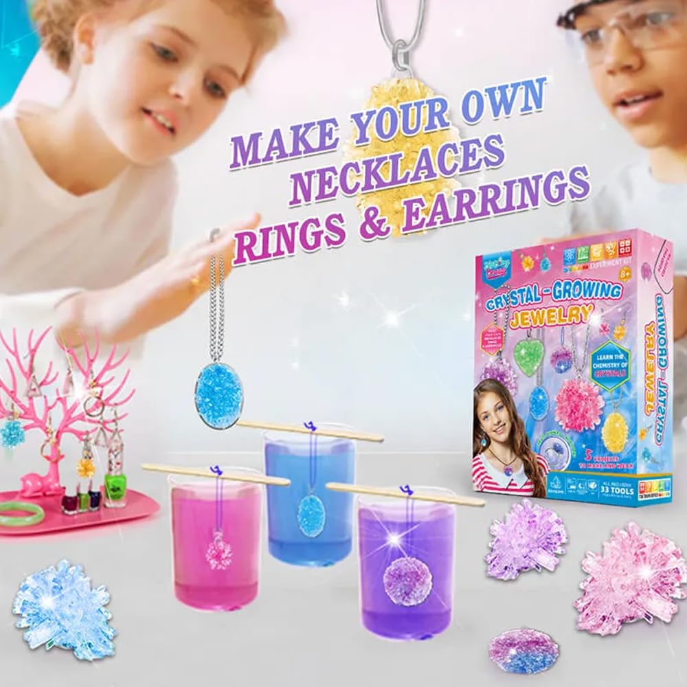 LIVEVIE Crystal Growing Jewelry Kit, Create 6 Jewelry Pieces for Kids - DIY Sparkling Pendants, Necklaces & Earrings Educational Science Kit for Hands-On Learning & Creativity