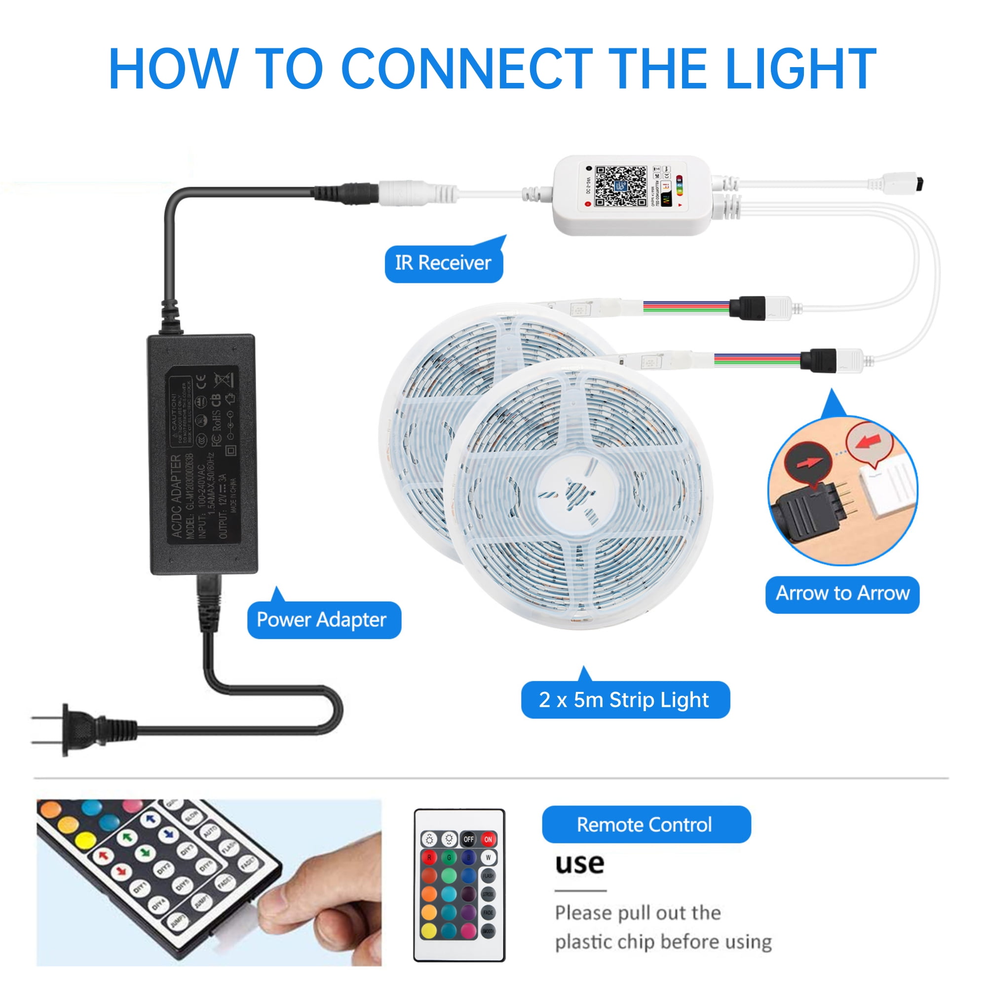 TSV 32.8ft LED Strip Light 5050 RGB with Remote, Waterproof for Home Bedroom Indoor Outdoor Decor