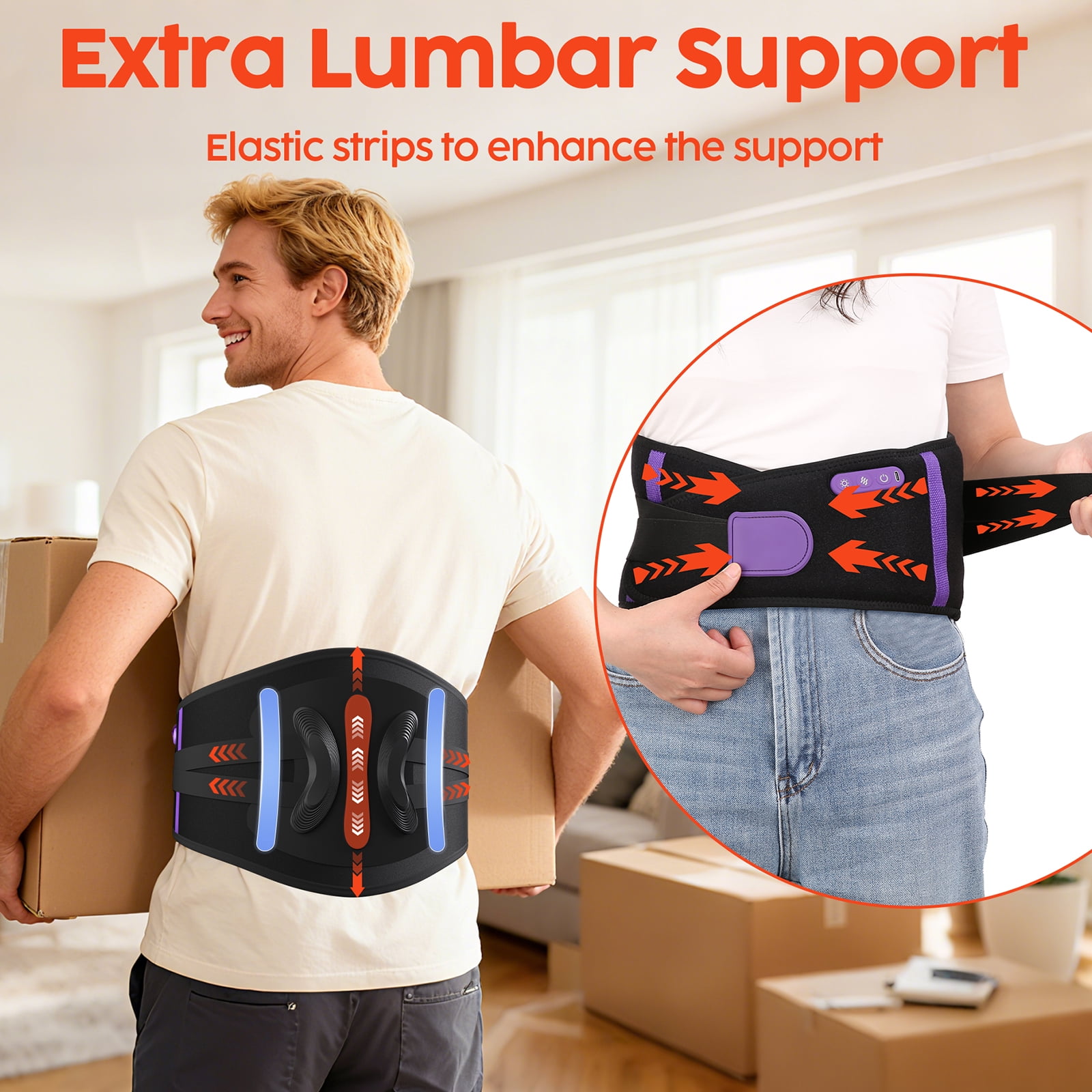 Cordless Heating Pad for Back, 10000mAh Rechargeable Lower Back Heat Pad with Vibration and Airbag Lumbar Support