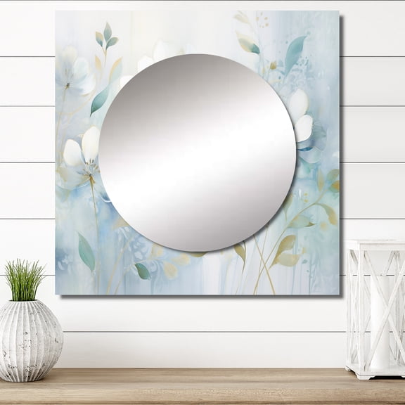 Designart "Blue Botanical flow I" Abstract Botanicals Blue Large Square Mirror - Square Bedroom Mirror Printed Wall Decor - Modern Square Printed Wall Mirror Art