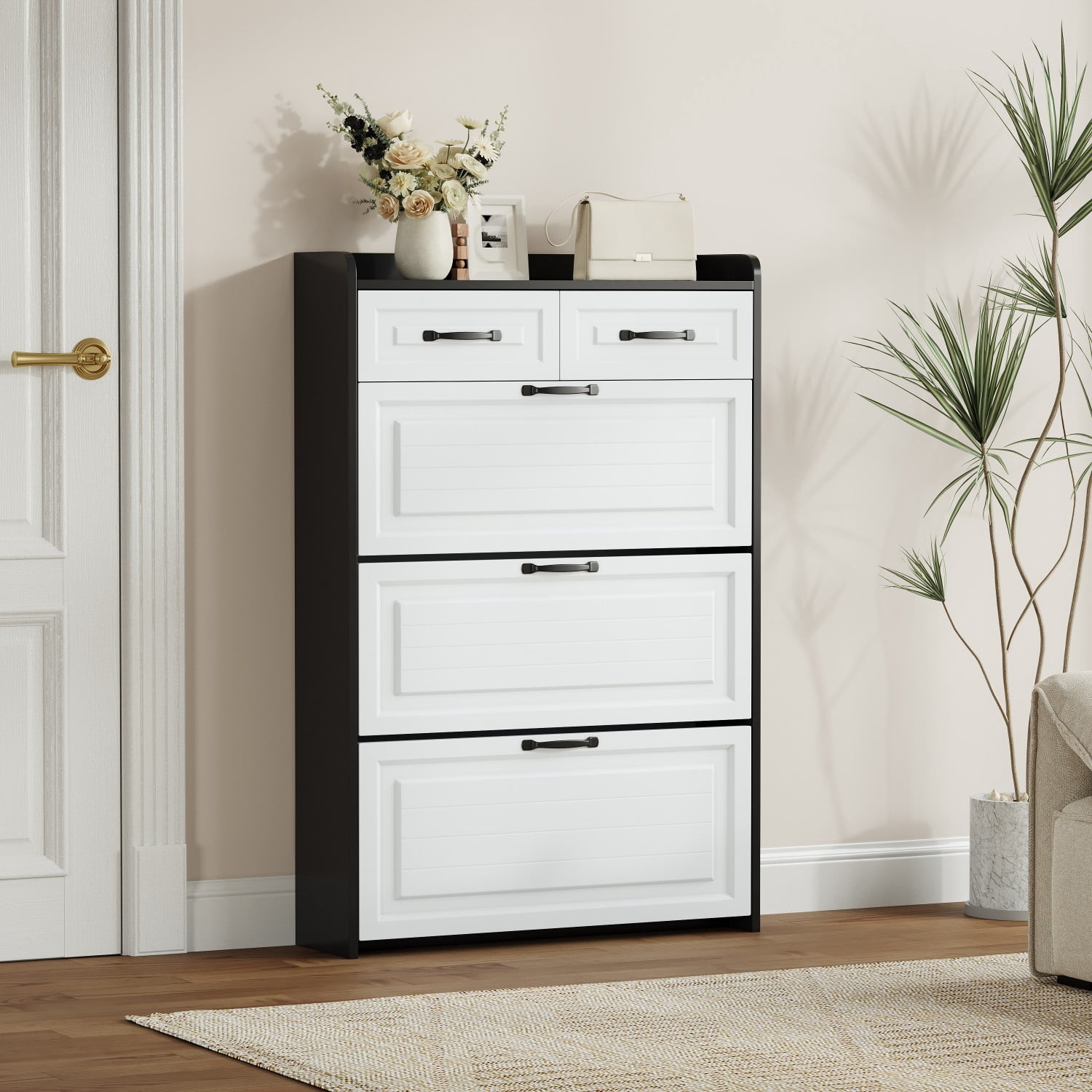 White & Black Shoe Cabinet with 3 Flip Drawers and 2 Storage Drawers, Modern Entryway Shoe Organizer Cabinet