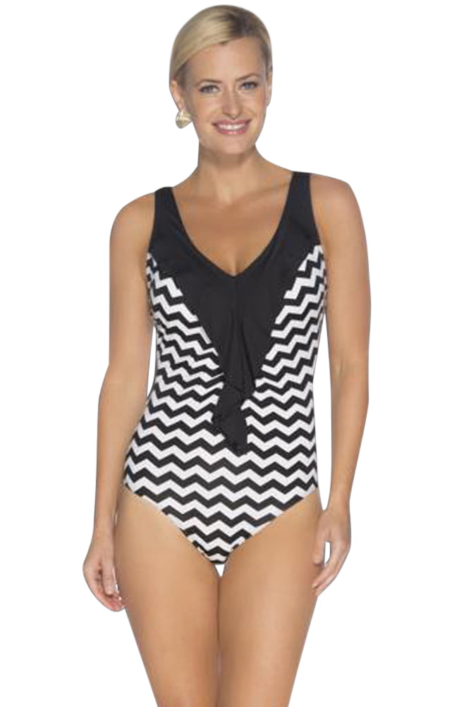 Togs Black Chevron Ruffle Front One Piece Swimsuit 