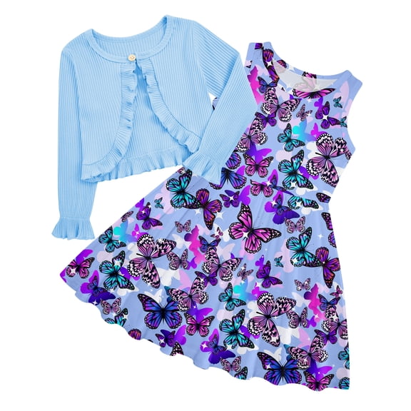 Aideaone Toddler Girl Sleeveless Dresses with Long Sleeve Ruffle Cardigan 2 Piece Fall Outfit Set for Little Girls 2T-8T