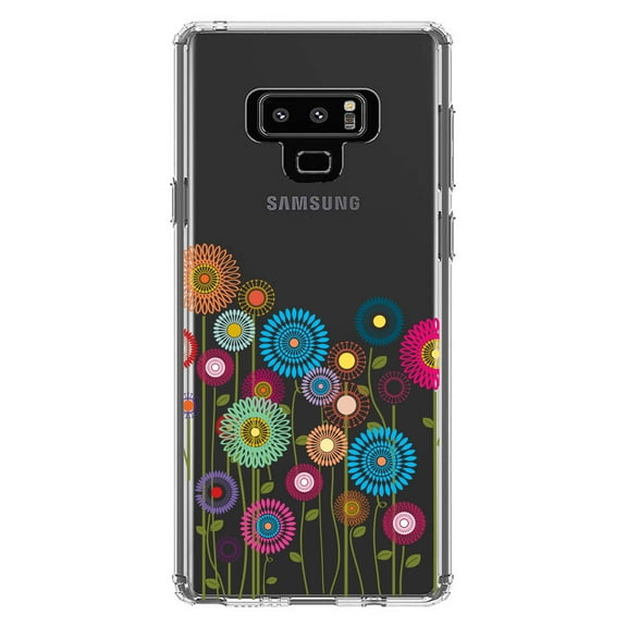 DistinctInk Clear Shockproof Hybrid Case for Samsung Galaxy Note 9 - TPU Bumper Acrylic Back Tempered Glass Screen Protector - Cartoon Wildflowers Stems Leaves