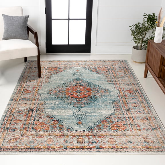 JONATHAN Y CALIFORNIA VINTAGE Cadiz Vintage Medallion Area Rug, 4 x 6, Coral/Turquoise