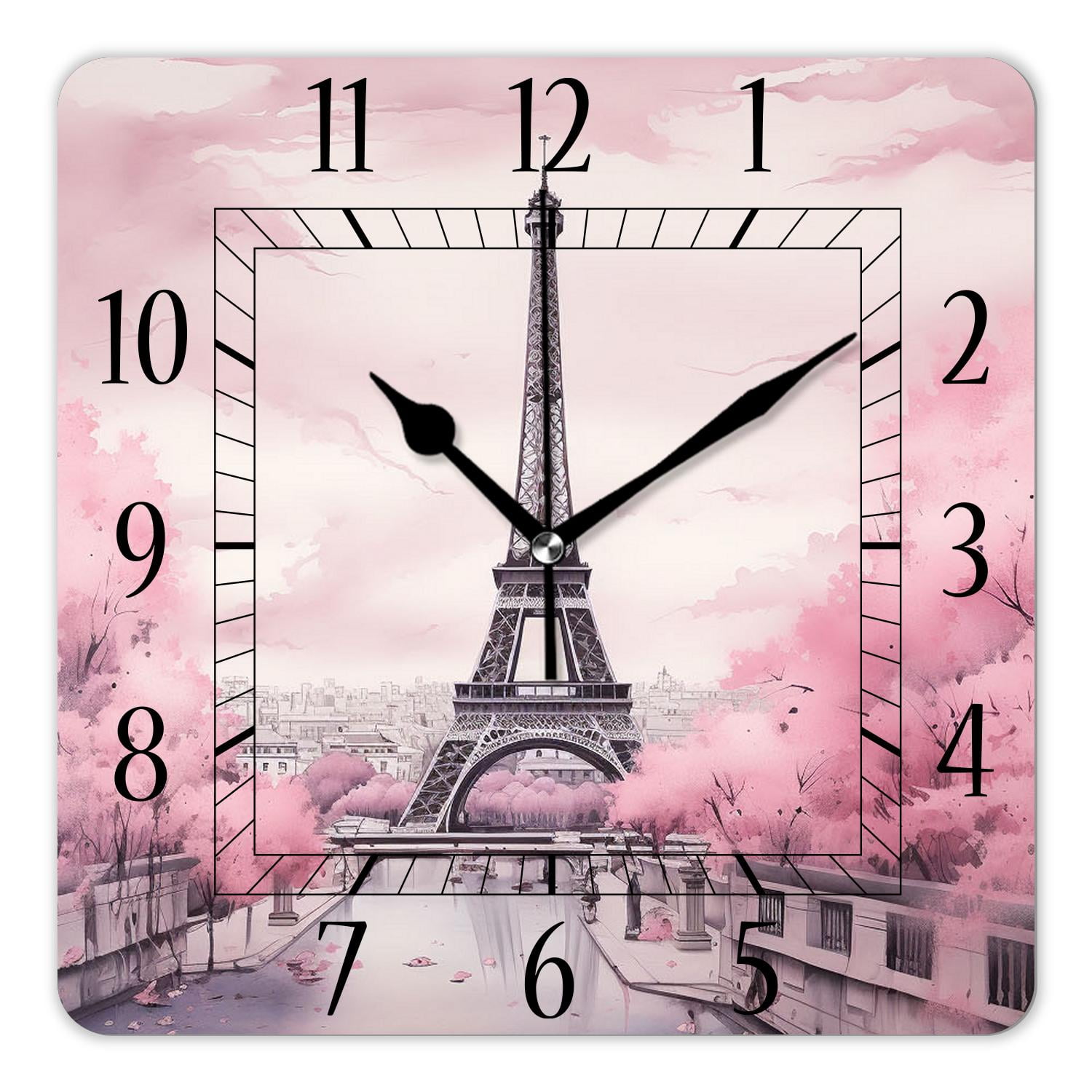 14 Inch Wall Clock Battery Operated Square Clock Decorative for Office, Kitchen, Outdoor, Living Room,Paris Eiffel Tower France Oil Painting Artwork Beautiful