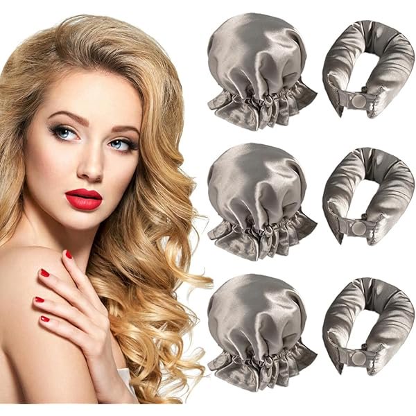 wonima02 Hair Rollers Set - 6 Satin Curlers with Headband and Cap for Heatless, No-Heat Curls on All Hair Types (Khaki)