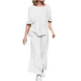 thumbnail image 2 of LEKWK Linen Sets for Women 2 Piece Plus Size Long Sleeve Crewneck Loose Fit Tops and Wide Leg Palazzo Pants Summer Casual Beach Vacation Outfits, 2 of 6