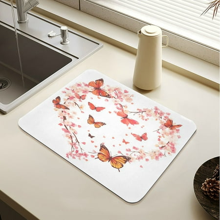

Wobogo Orange Butterfly Pink Floral Dish Drying Mats Diatomaceous Earth Super Absorbent Non-slip Rubber Sole 23.6×19.7in