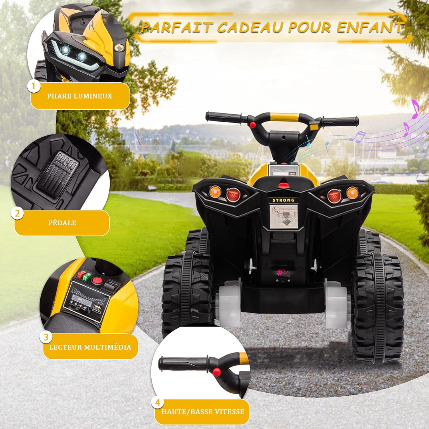 Trilenars Electric Quad Bike 12V, Ride On Car ATV Toy with Remote Control, Music, LED, Horn, 2 Speed, for Ages 3-5 Years,Yellow