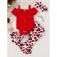 thumbnail image 2 of Suealasg 3PCS Toddler Baby Girl Valentine's Day Outfits Set Solid Color Bow Sling Off-Shoulder Romper Heart Print Flare Pants Headband 3 6 12 18 24 Months Infant Girl Spring Clothes, 2 of 9
